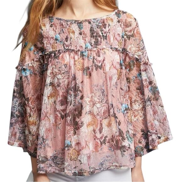 Anthropologie Tops - Anthropologie Akemi + Kin Patrizia Floral Lace Blouse Pink Medium Bell Sleeves